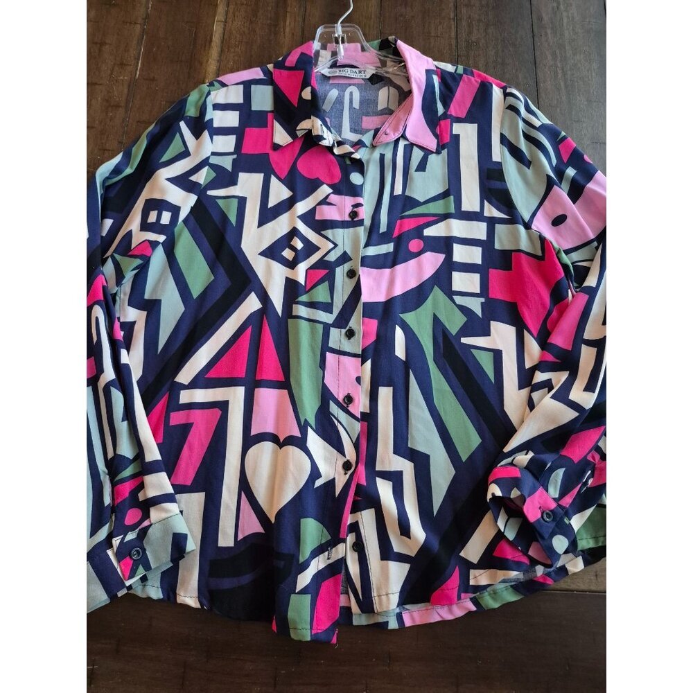 Big Dart Vintage Button-Up Abstract Print Long-Sl… - image 1